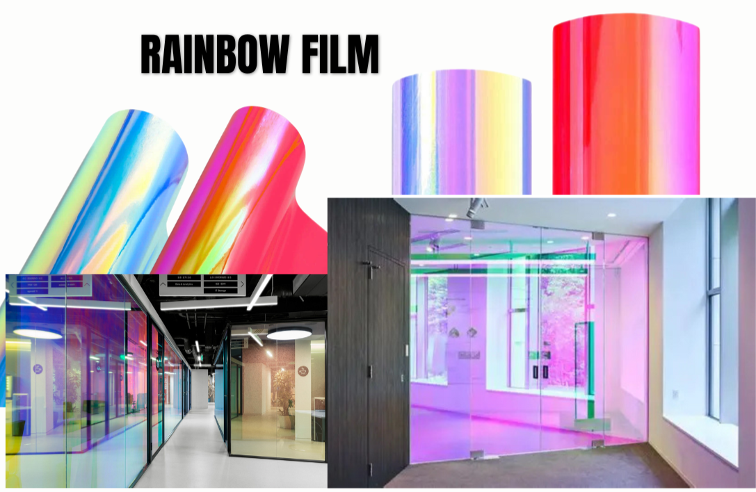 Rainbow film with rolls and application examples in a modern interior setting.